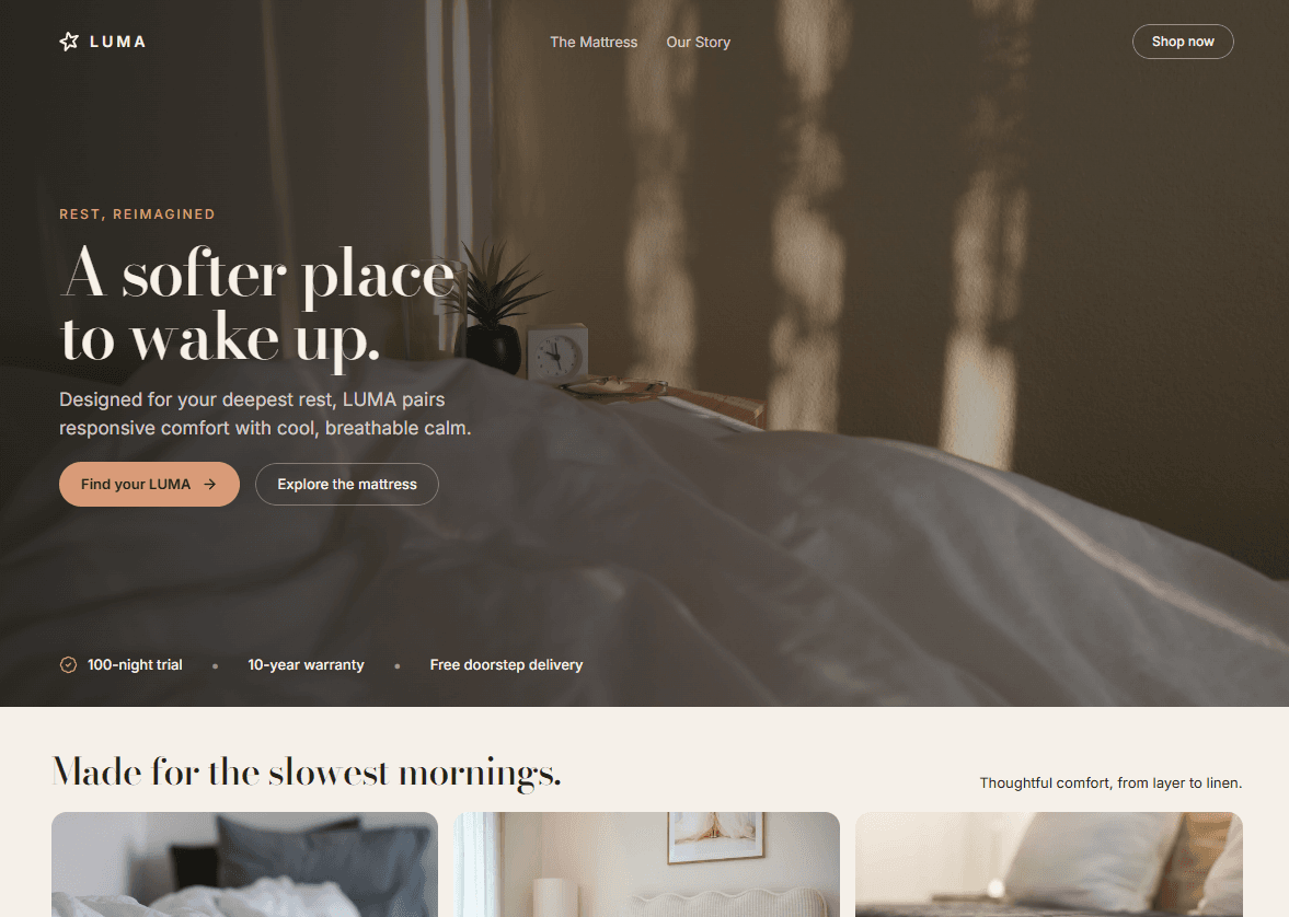 Example of a custom website designed by Webinos: a mattress brand homepage with a hero photo, headline and shop buttons